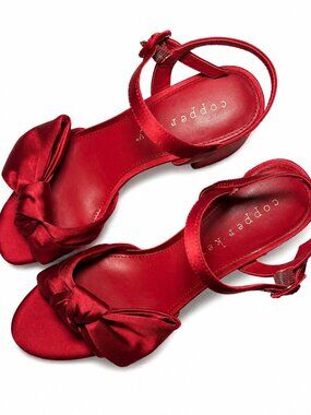 NWT Copper Key Red Satin Bow Heels Ankle Strap Block Heel Sandals